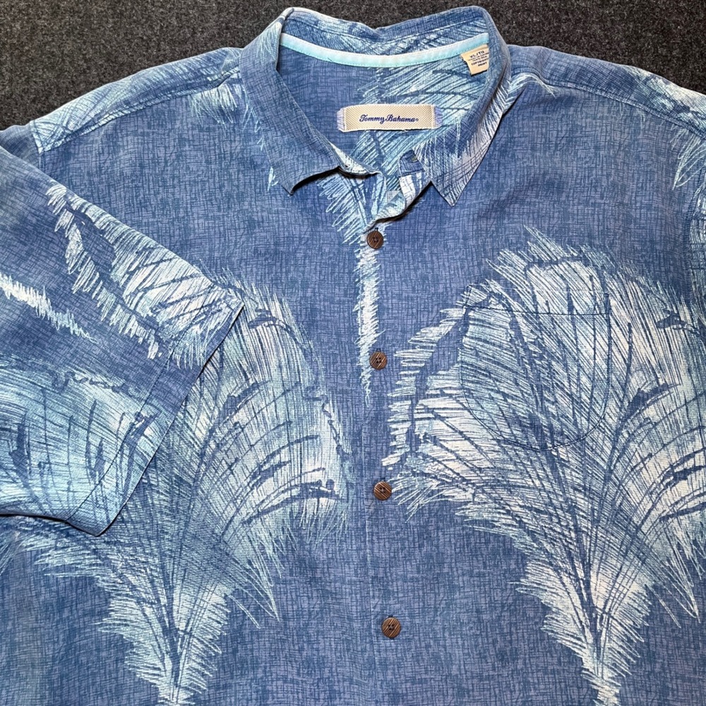 Tommy Bahama Silk Camp Shirt Mens XL Blue Excellent‎ Tropical Palm Print S/S